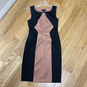 Womens mid length blush and back dress with gold neck detailing